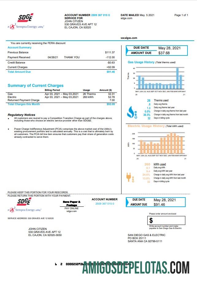 Para baixar modelo de conta de serviços públicos EUA Califórnia San Diego Gas & Electric (SDG&E) em formato Word e PDF